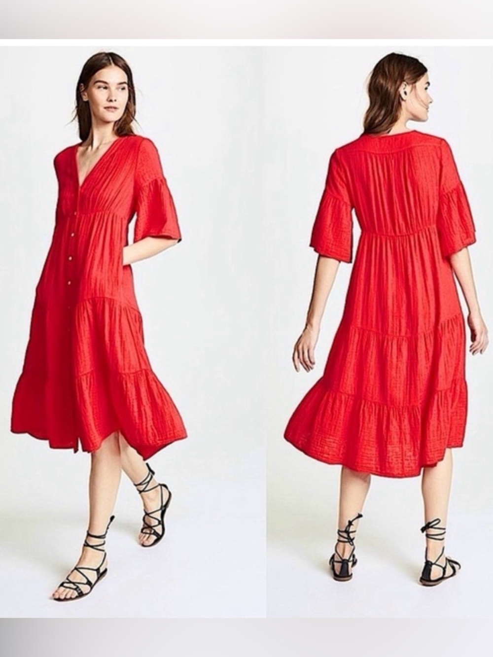 XiRENA Red Button-Front Midi Dress